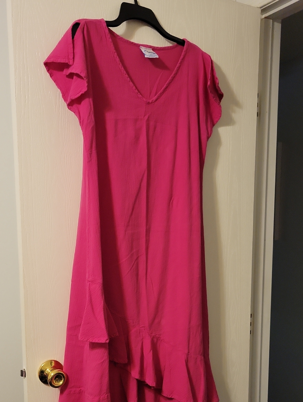 Gauze V-Neck Ruffle Hem Maxi Dress in Bright Pink
